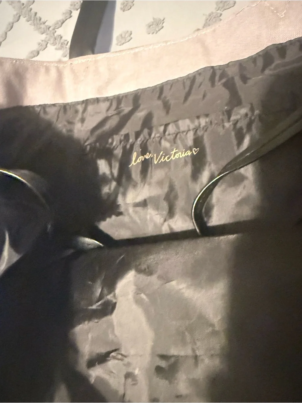 Victoria's Secret Canvas Stripe Tote in Cream and Grey with Black Handles